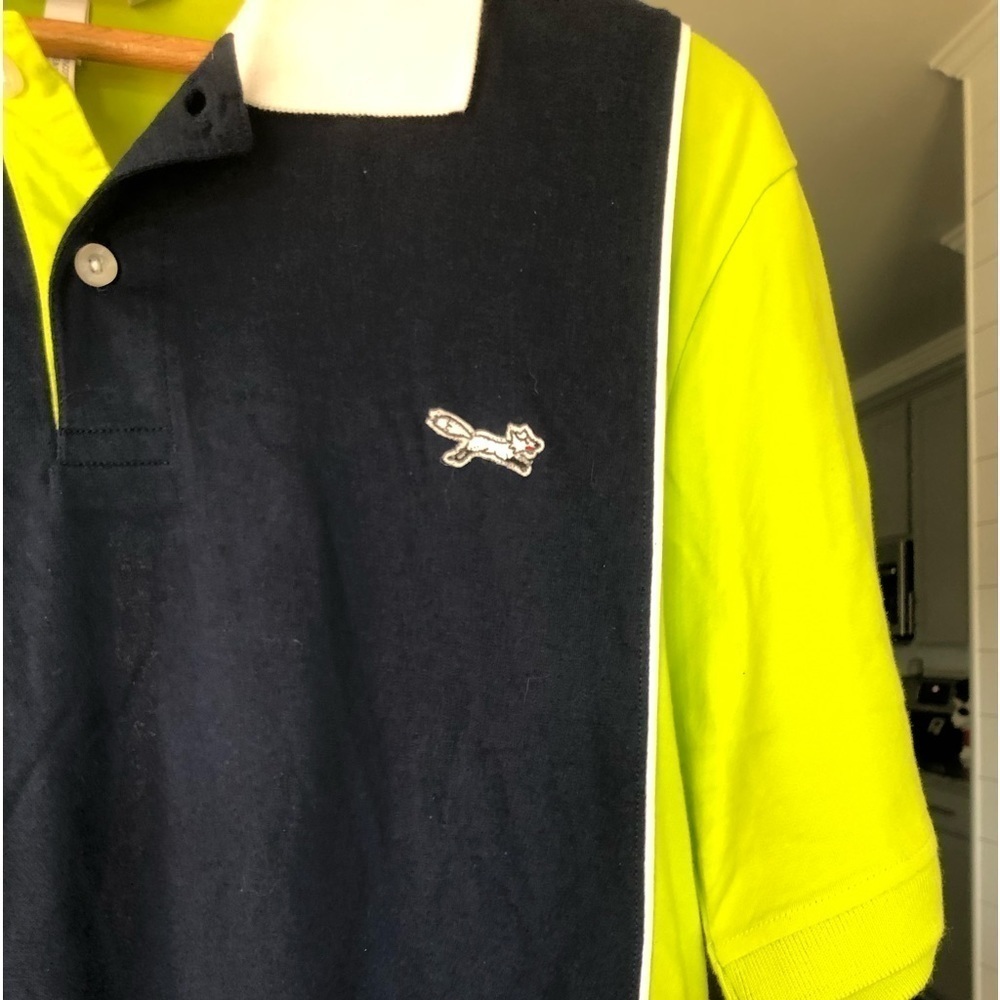 Mens Retro Fox Polo in Highlighter Yellow and Navy Colorblock Size XL 80s - Picture 3 of 8